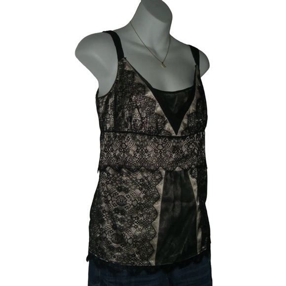 Ann Taylor Tank Top Silk Blend Black Tan Lace Cami Bimbo Blouse Coquette y2k 2 - Picture 2 of 9